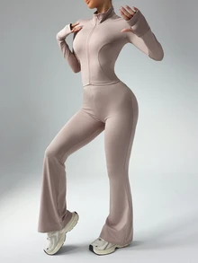 Dewbera Dewbera Women Solid Color Long Sleeve Top And Slim Fit Pants Active Set Workout Women Set Women Workout Set Gym Women Outfit - Dusty Pink - View 8