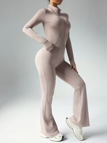 Dewbera Dewbera Women Solid Color Long Sleeve Top And Slim Fit Pants Active Set Workout Women Set Women Workout Set Gym Women Outfit - Dusty Pink - View 9