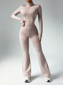 Dewbera Dewbera Women Solid Color Long Sleeve Top And Slim Fit Pants Active Set Workout Women Set Women Workout Set Gym Women Outfit - Dusty Pink - View 5