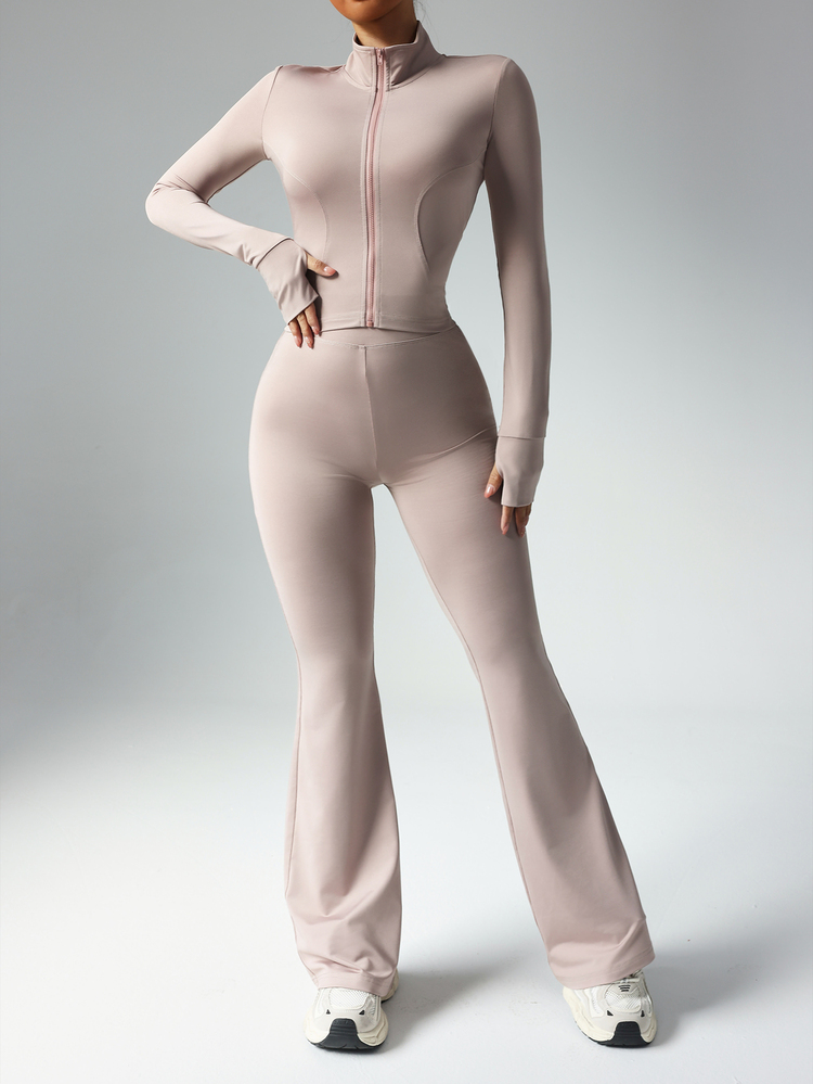 Dewbera Dewbera Women Solid Color Long Sleeve Top And Slim Fit Pants Active Set Workout Women Set Women Workout Set Gym Women Outfit - Dusty Pink - View 4