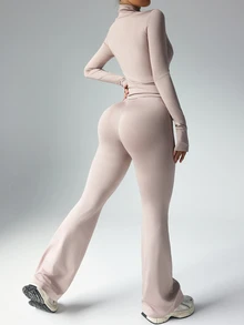 Dewbera Dewbera Women Solid Color Long Sleeve Top And Slim Fit Pants Active Set Workout Women Set Women Workout Set Gym Women Outfit - Dusty Pink - View 3