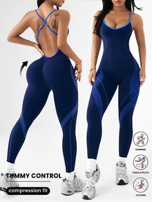 Dewbera Dewbera Sleeveless Compression Fit Blue Sports Jumpsuit For Women Perfect For Running Yoga And Pilates - Blue - View 4