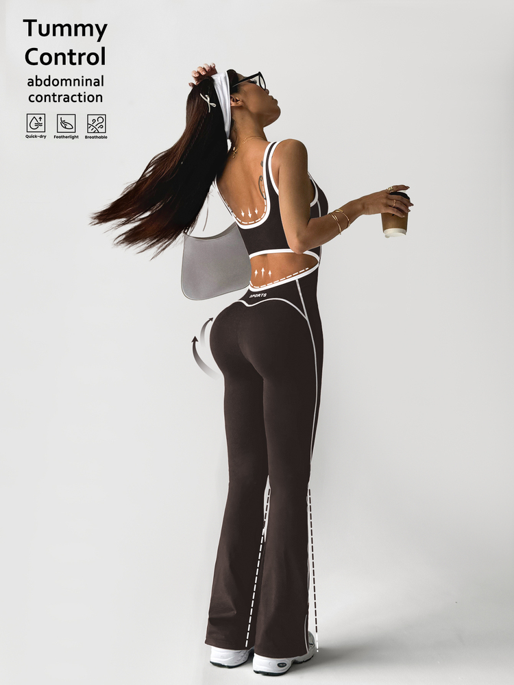 Dewbera Dewbera Color-Blocked Back Slogan Print Flared Hem Sports Jumpsuit Y2k Workout Twilight  Brown Set  Brown Bodysuit Pink Bodysuit. - Brown - View 3