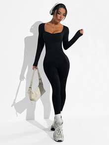 Dewbera Dewbera 無縫運動瑜伽長袖短版連身衣，垂直條紋紋理，圓弧領，高腰提臀，健身房黑色秋季性感健身 - 黑色 - 查看 7