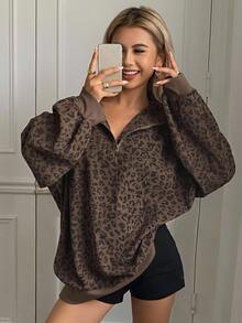 Livesso Women Casual Zip Up Front Long Sleeve Leopard Print Sweatshirt,Fall Clothes - Brown - View 1