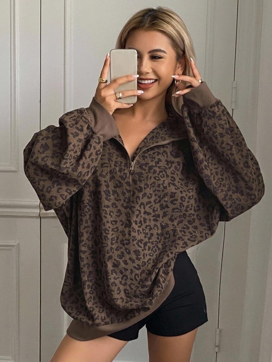 Livesso Women Casual Zip Up Front Long Sleeve Leopard Print Sweatshirt,Fall Clothes - Brown - View 1