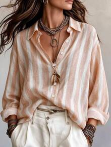 Glimmora Plus Size Plus Size Vertical Striped Blouse, Women Lapel Long Sleeve ButtonDown Casual Daily Top - Multicolor - View 1