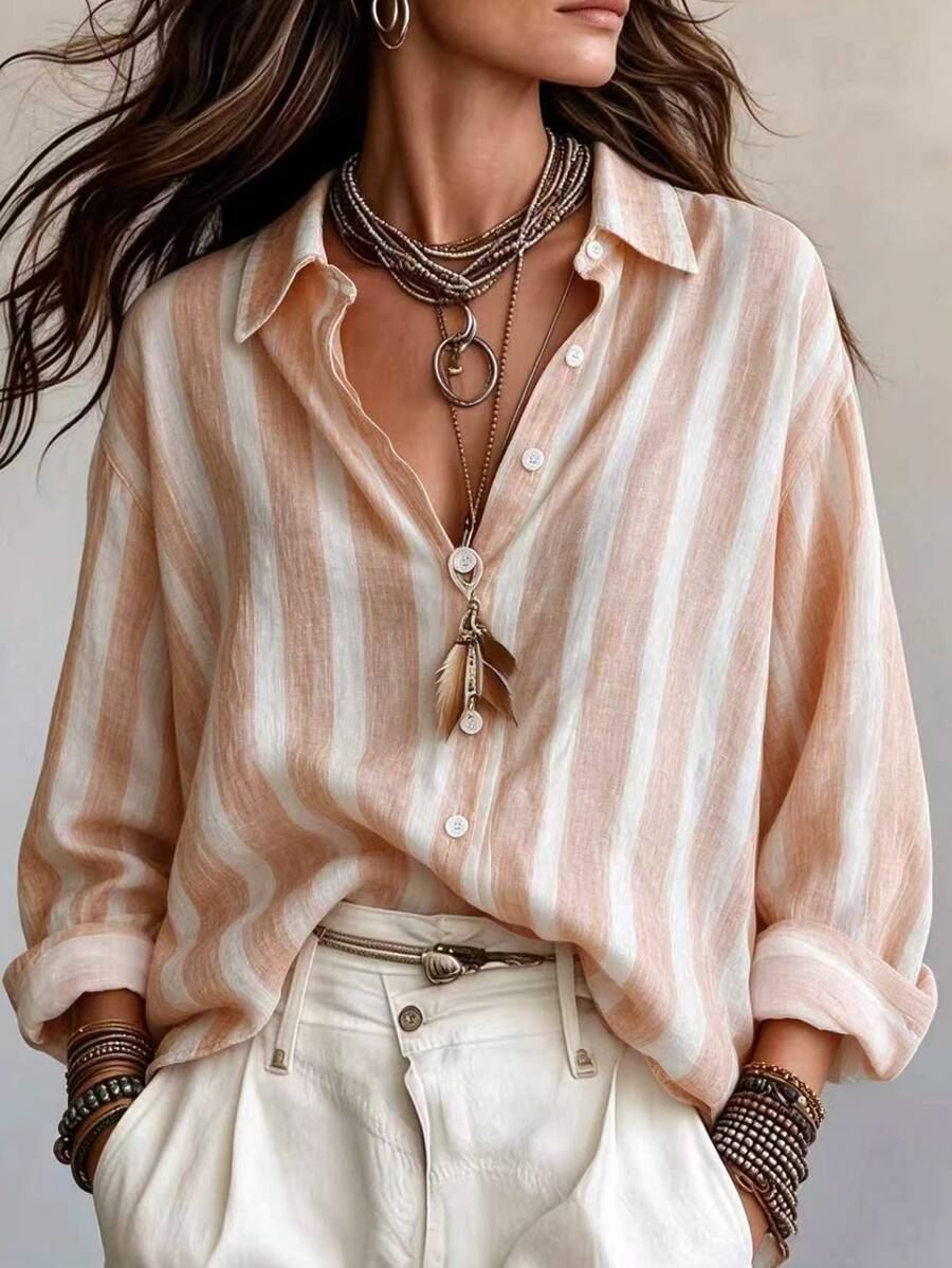 Glimmora Plus Size Plus Size Vertical Striped Blouse, Women Lapel Long Sleeve ButtonDown Casual Daily Top - Multicolor - View 1