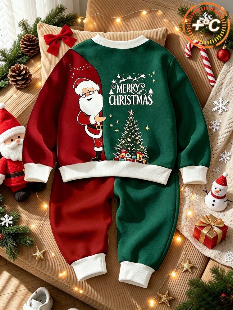 2pcs/Set Boys Christmas Sweatshirt Set, Red & Green Colorblock Santa Claus Print, Loose Fit Long Sleeve Crew Neck, Autumn/Winter Holiday Party Kids Clothing, Halloween - Multicolor - View 2