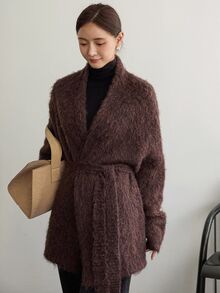 Dazy-Less 女士厚羊毛宽松商务休闲系带收腰针织开衫，适合秋冬季办公室穿着 - 棕色 - 查看 11