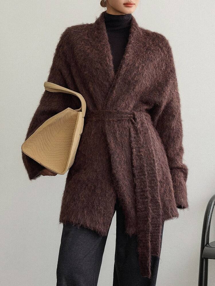 Dazy-Less Women's Thick Fleece Loose Business Casual Tie-Up Cinched Waist Knit Cardigan, Suitable For Office Wear In Autumn & Winter - Brown - View 4