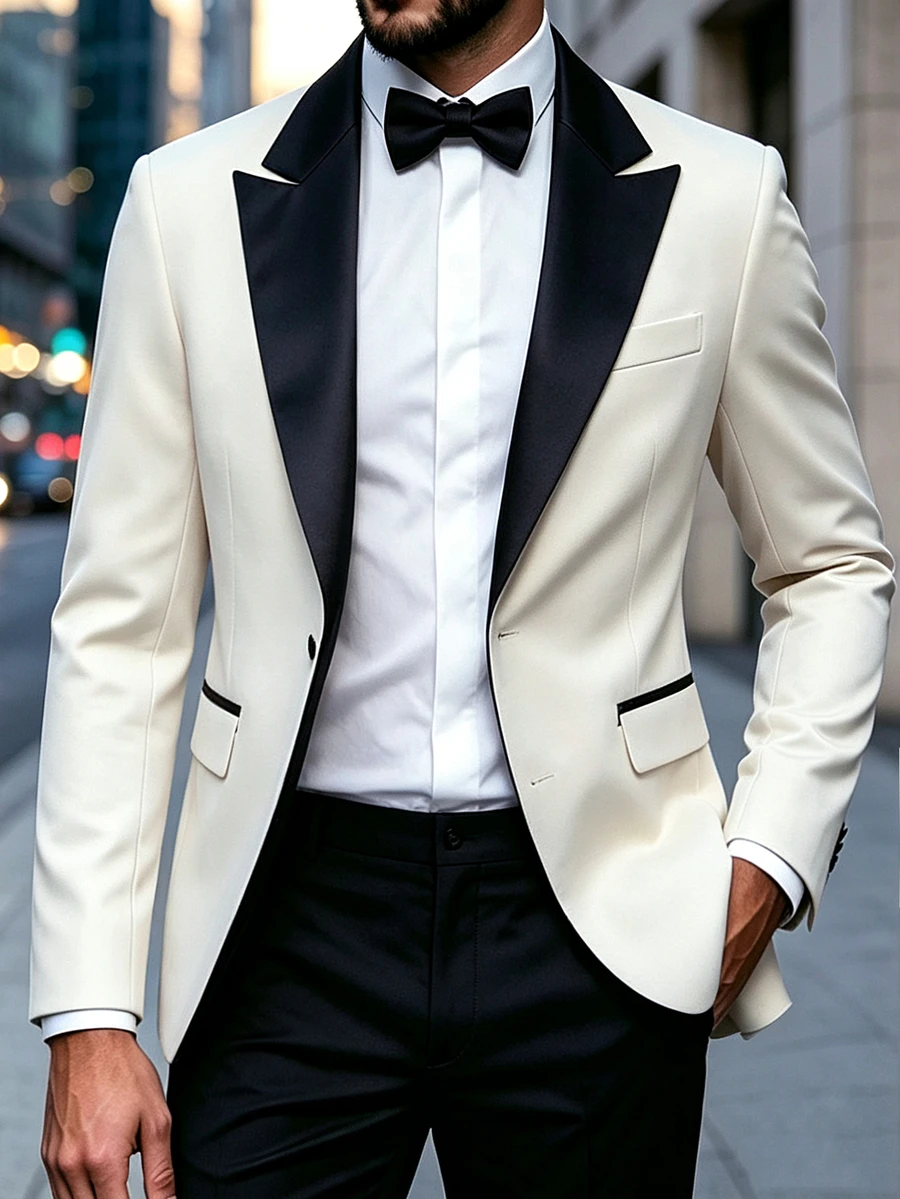 Manfinity Mode Men's Apricot Notch Lapel Slim Fit Tailored Fashion Business Suit Set, Formal, Old Money - Apricot - View 1