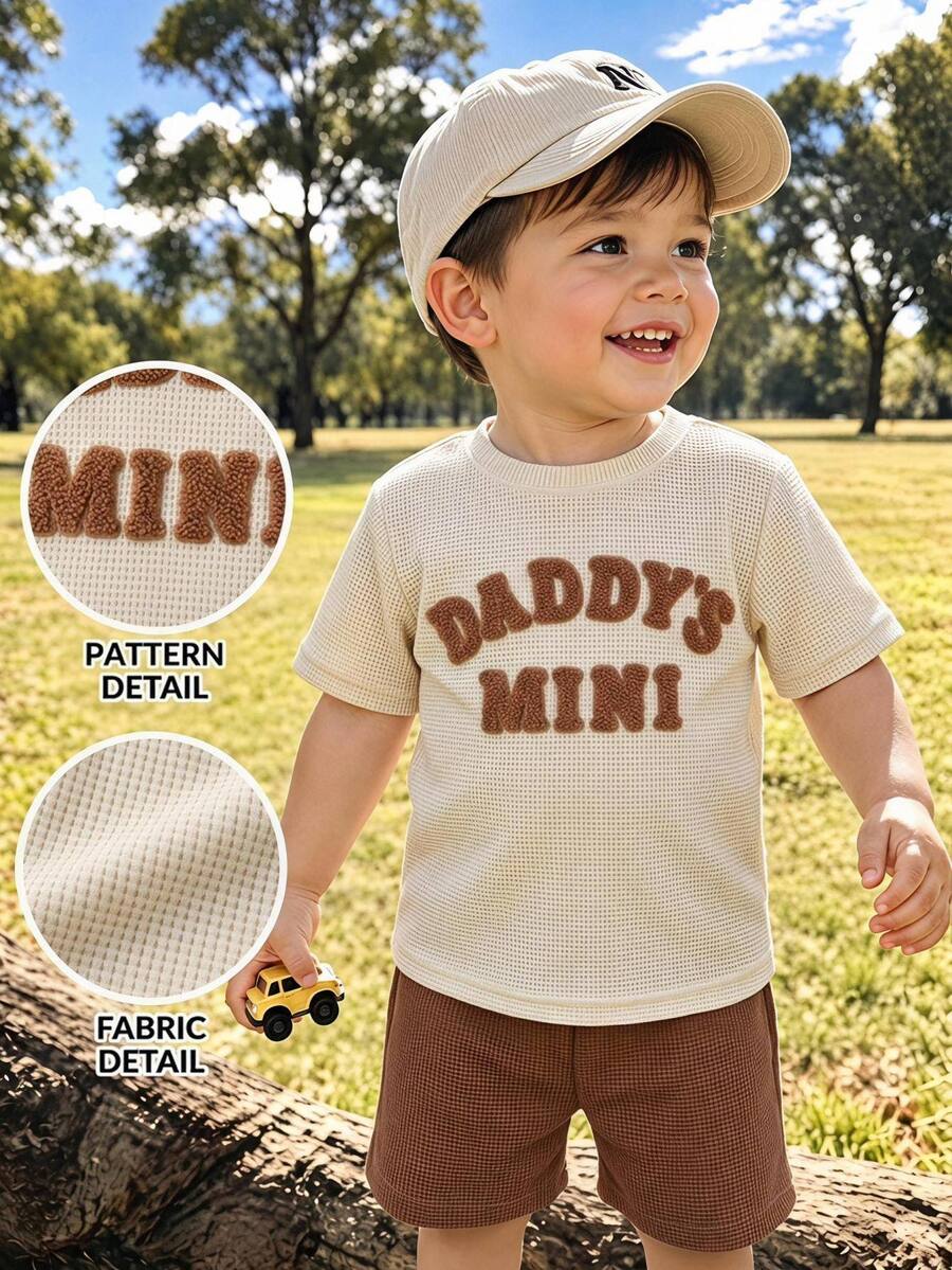 THE HAPPY LOOK 2pcs/Set Young Boy Letter Pattern Knit Soft Round Neck Short Sleeve Top And Elastic Waist Shorts Set,Summer,Family Matching Toddler Kids Outfits - Apricot - View 1