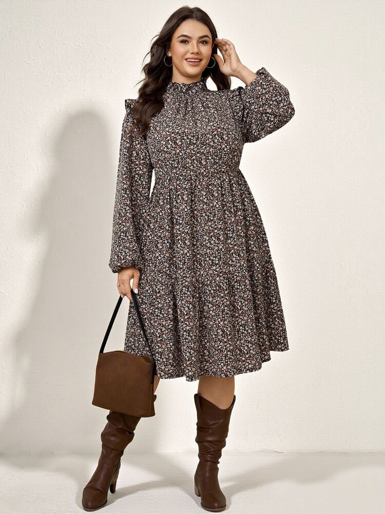 Comfylo Plus Size Casual Boho 1920 Vintage Ditsy Floral Dress, Autumn Fall Brunch Birthday Formal Black - Black - View 1