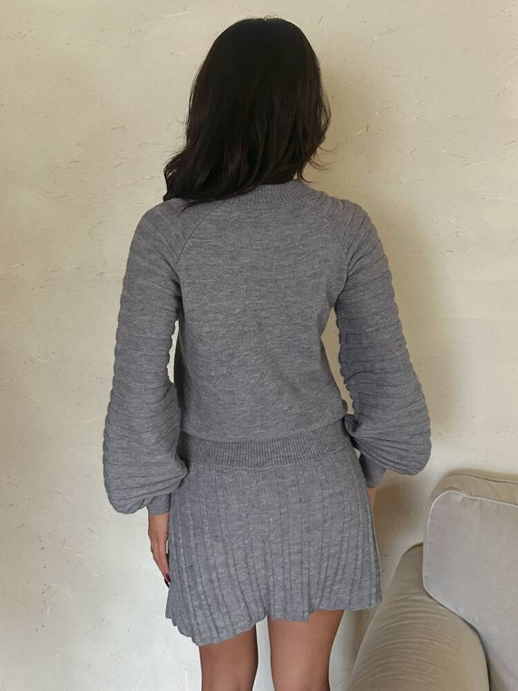 Aloruh Women's Autumn/Winter Pullover Sweater + Pleated Mini Skirt - Dark Grey - View 2