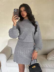 Aloruh Women's Autumn/Winter Pullover Sweater + Pleated Mini Skirt - Dark Grey - View 7