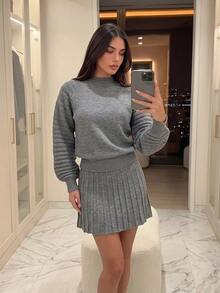 Aloruh Women's Autumn/Winter Pullover Sweater + Pleated Mini Skirt - Dark Grey - View 8