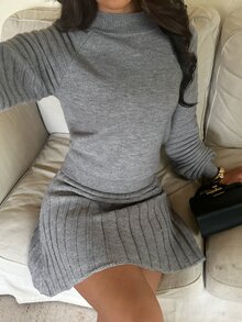 Aloruh Women's Autumn/Winter Pullover Sweater + Pleated Mini Skirt - Dark Grey - View 3