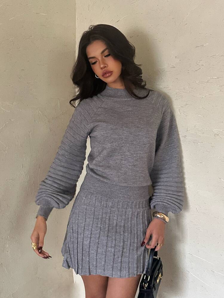 Aloruh Women's Autumn/Winter Pullover Sweater + Pleated Mini Skirt - Dark Grey - View 6