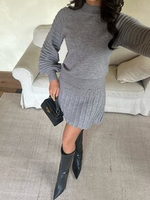 Aloruh Women's Autumn/Winter Pullover Sweater + Pleated Mini Skirt - Dark Grey - View 10