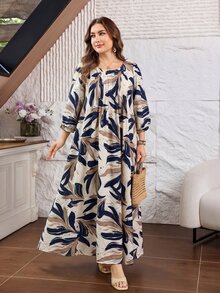 Lacomfia Casual All-Over Print Round Neck 3/4 Sleeve Loose Regular Fit Plus Size Dress For Spring/Summer - Multicolor - View 6