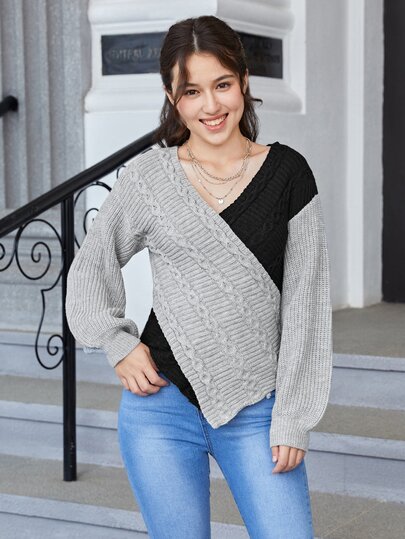 Teen Girls Two Tone Crossover Cable Knit Sweater