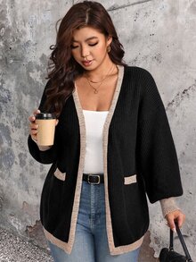 EMERY ROSE كارديجان محبوك للنساء بمقاس كبير مع حافة متباينة وخطوط عمودية وياقة على شكل حرف V، أكمام طويلة فضفاضة على شكل فانوس، كنزة صوفية خفيفة الوزن بأسلوب فاخر، طول متوسط، تصميم جذاب ومقلل للوزن مع حافة لامعة، مناسب للتنقل اليومي والتنسيق متعدد الطبقات - متعدد الألوان - مشاهدة 3
