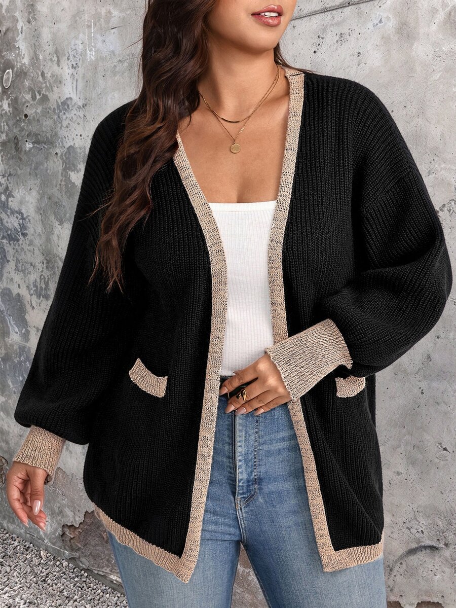 EMERY ROSE كارديجان محبوك للنساء بمقاس كبير مع حافة متباينة وخطوط عمودية وياقة على شكل حرف V، أكمام طويلة فضفاضة على شكل فانوس، كنزة صوفية خفيفة الوزن بأسلوب فاخر، طول متوسط، تصميم جذاب ومقلل للوزن مع حافة لامعة، مناسب للتنقل اليومي والتنسيق متعدد الطبقات - متعدد الألوان - مشاهدة 1