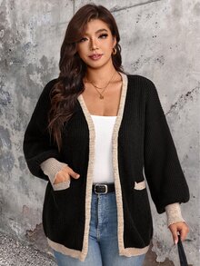 EMERY ROSE كارديجان محبوك للنساء بمقاس كبير مع حافة متباينة وخطوط عمودية وياقة على شكل حرف V، أكمام طويلة فضفاضة على شكل فانوس، كنزة صوفية خفيفة الوزن بأسلوب فاخر، طول متوسط، تصميم جذاب ومقلل للوزن مع حافة لامعة، مناسب للتنقل اليومي والتنسيق متعدد الطبقات - متعدد الألوان - مشاهدة 6