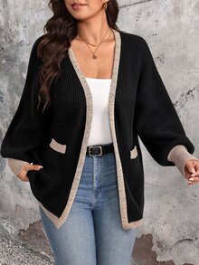 EMERY ROSE كارديجان محبوك للنساء بمقاس كبير مع حافة متباينة وخطوط عمودية وياقة على شكل حرف V، أكمام طويلة فضفاضة على شكل فانوس، كنزة صوفية خفيفة الوزن بأسلوب فاخر، طول متوسط، تصميم جذاب ومقلل للوزن مع حافة لامعة، مناسب للتنقل اليومي والتنسيق متعدد الطبقات - متعدد الألوان - مشاهدة 5