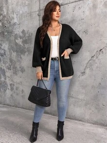 EMERY ROSE كارديجان محبوك للنساء بمقاس كبير مع حافة متباينة وخطوط عمودية وياقة على شكل حرف V، أكمام طويلة فضفاضة على شكل فانوس، كنزة صوفية خفيفة الوزن بأسلوب فاخر، طول متوسط، تصميم جذاب ومقلل للوزن مع حافة لامعة، مناسب للتنقل اليومي والتنسيق متعدد الطبقات - متعدد الألوان - مشاهدة 7