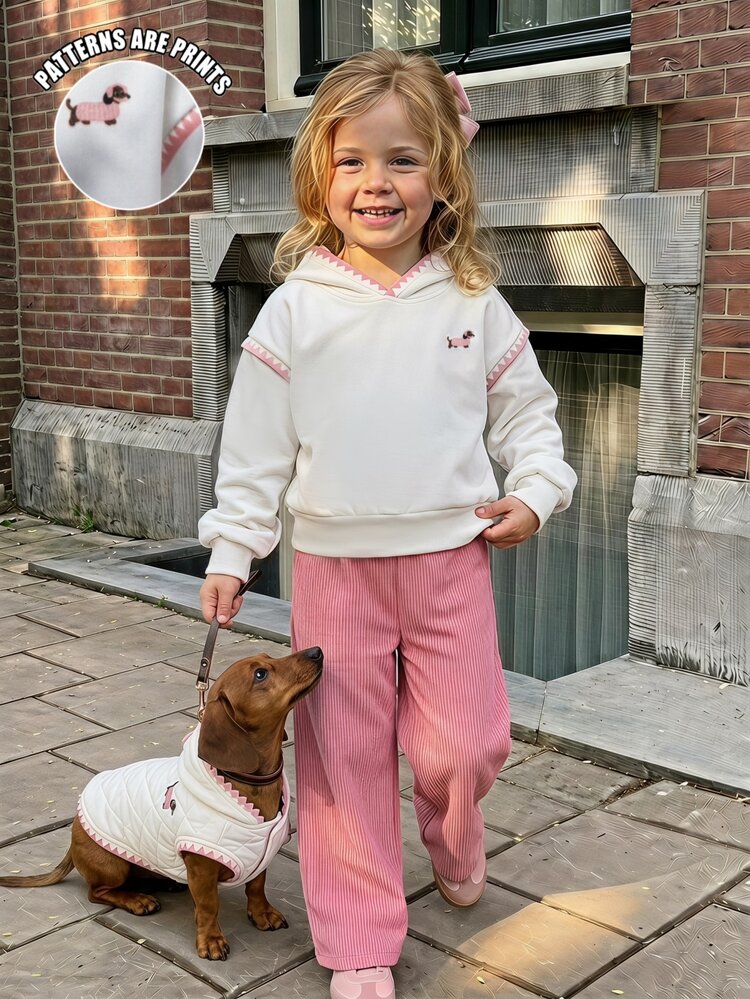 SHEIN Tween Girls Sweatshirt Set, Pink, Hoodie + Joggers 2 Pieces Set, Loose Fit, Warm For Fall, Fashionable, Casual Cute Cow Girl, Fleece Lined, Zipper - Pink - View 3