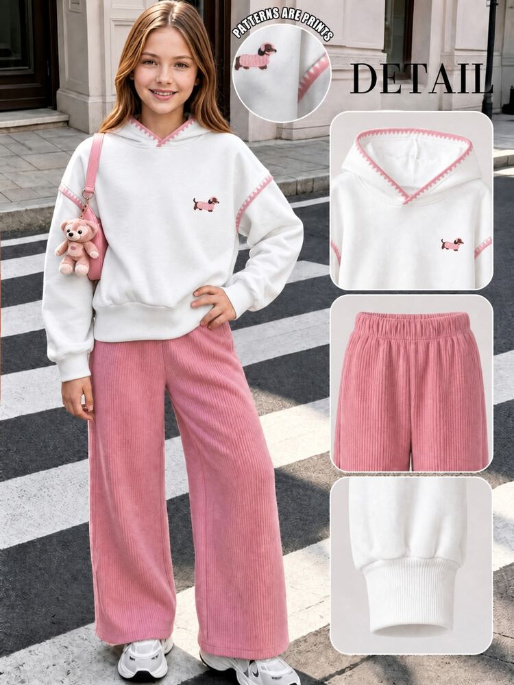 SHEIN Tween Girls Sweatshirt Set, Pink, Hoodie + Joggers 2 Pieces Set, Loose Fit, Warm For Fall, Fashionable, Casual Cute Cow Girl, Fleece Lined, Zipper - Pink - View 5