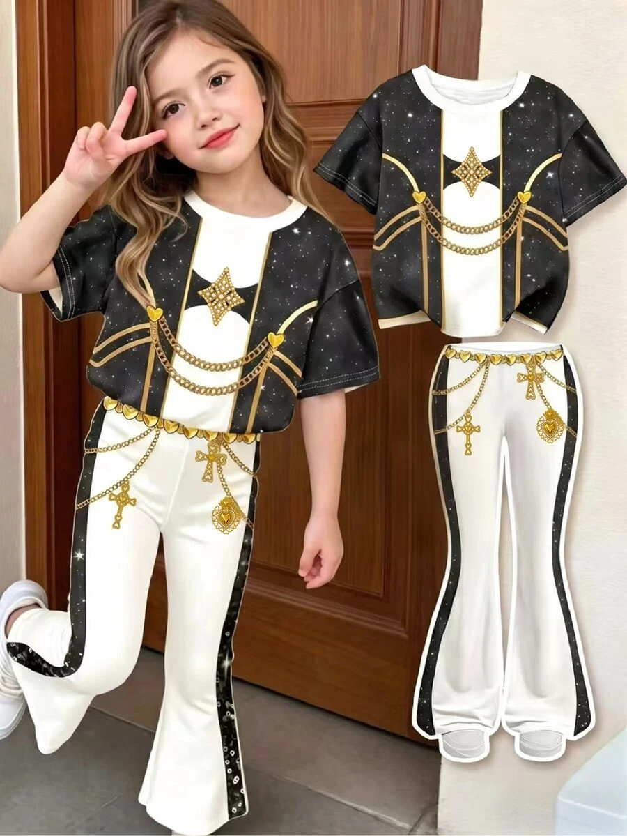 少女可愛甜酷印花女團圖案拼色運動風休閒簡約卡通圓領短袖T恤 - 彩色 - 查看 1
