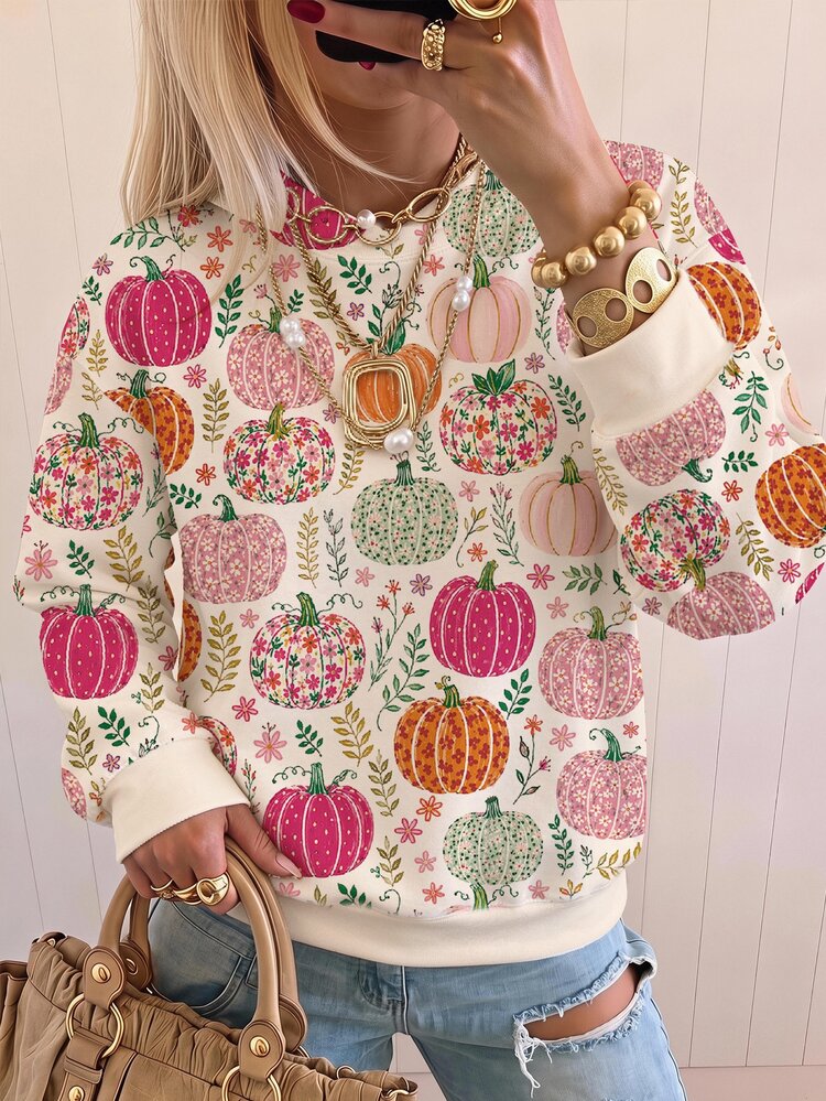 SHEIN EZwear Women's Halloween Pumpkin Pattern Long Sleeve Crew Neck Pullover Sweatshirt, Autumn/Winter Daytime Holiday Casual Cute Beige - Multicolor - View 4