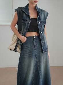 Dazy-Less Vintage Washed Denim Jacket & Straight Skirt 2 Pieces Set, Office/Commuter Casual Business Loose Fit Short Sleeve Summer/Spring/Autumn - Dark Wash - View 2