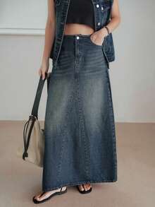 Dazy-Less Vintage Washed Denim Jacket & Straight Skirt 2 Pieces Set, Office/Commuter Casual Business Loose Fit Short Sleeve Summer/Spring/Autumn - Dark Wash - View 9