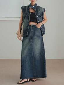 Dazy-Less Vintage Washed Denim Jacket & Straight Skirt 2 Pieces Set, Office/Commuter Casual Business Loose Fit Short Sleeve Summer/Spring/Autumn - Dark Wash - View 7