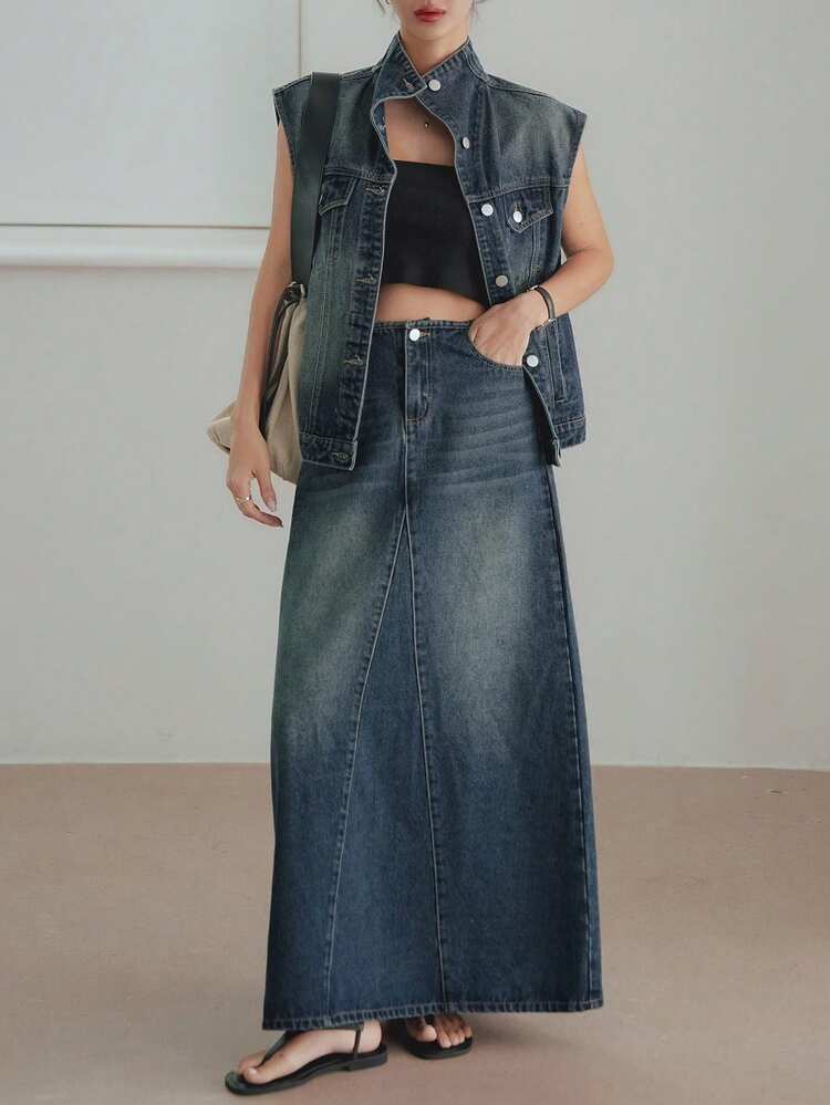 Dazy-Less Vintage Washed Denim Jacket & Straight Skirt 2 Pieces Set, Office/Commuter Casual Business Loose Fit Short Sleeve Summer/Spring/Autumn - Dark Wash - View 7