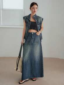 Dazy-Less Vintage Washed Denim Jacket & Straight Skirt 2 Pieces Set, Office/Commuter Casual Business Loose Fit Short Sleeve Summer/Spring/Autumn - Dark Wash - View 1