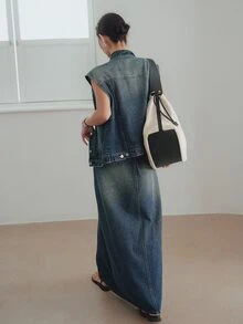 Dazy-Less Vintage Washed Denim Jacket & Straight Skirt 2 Pieces Set, Office/Commuter Casual Business Loose Fit Short Sleeve Summer/Spring/Autumn - Dark Wash - View 5