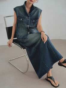 Dazy-Less Vintage Washed Denim Jacket & Straight Skirt 2 Pieces Set, Office/Commuter Casual Business Loose Fit Short Sleeve Summer/Spring/Autumn - Dark Wash - View 4