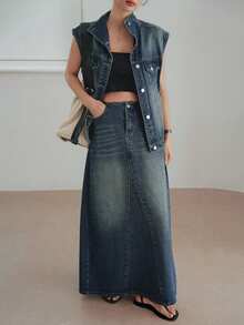Dazy-Less Vintage Washed Denim Jacket & Straight Skirt 2 Pieces Set, Office/Commuter Casual Business Loose Fit Short Sleeve Summer/Spring/Autumn - Dark Wash - View 6