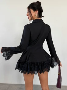 Firerie Elegant Black Blazer Coat With Lace Trim Details And Long Sleeves Button Front For Party And Casual Wear - Black - View 3
