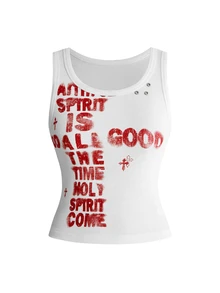 ROMWE Autumn/Winter Punk Street Y2K Colorblock Slogan Distressed Letter Graphic Women's Tank Top - White - View 2