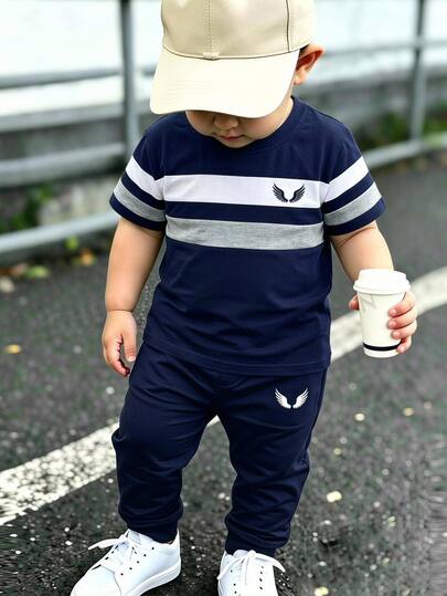 Conjunto de 2 piezas para niño joven, nuevo lanzamiento de otoño, estilo casual minimalista, holgado, cómodo y deportivo, camiseta de cuello redondo de manga corta y pantalones largos