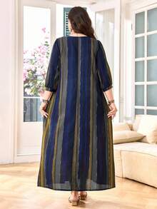 Lacomfia Plus Size Women Casual Striped 3/4 Sleeve Loose Regular Arabic Style Dress, Spring/Summer Fall - Multicolor - View 2