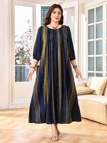 Lacomfia Plus Size Women Casual Striped 3/4 Sleeve Loose Regular Arabic Style Dress, Spring/Summer Fall - Multicolor - View 3
