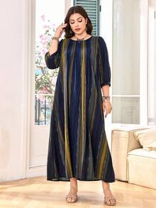 Lacomfia Plus Size Women Casual Striped 3/4 Sleeve Loose Regular Arabic Style Dress, Spring/Summer Fall - Multicolor - View 6