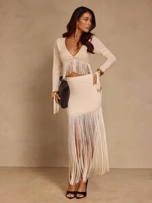 Glamine Women's Apricot Tassel 2 Pieces Set, Party Outfit, V-Neck Top Paired With Skirt - Apricot - View 1